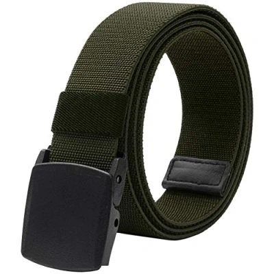 Image of LionVII Men Elastic Stretch Canvas Belt with Plastic Buckle, Breathable Braided Fabric Web Strap Adjustable for Pants Jeans Below 46 Inch(Army Green)(Size: L)