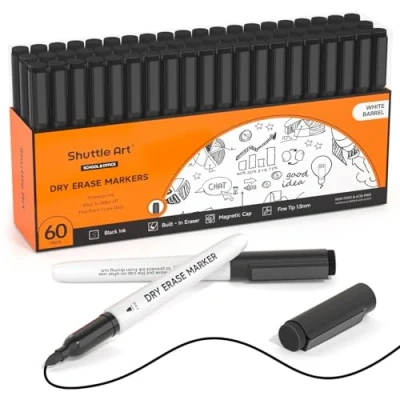 Image of Shuttle Art Black Whiteboard Markers, 60 Pack Magnetic Pens Fine Tip and Eraser, Dry Wipe White Board for Kids Writing on Whiteboards, Weekly Planner, Glass School Office Home