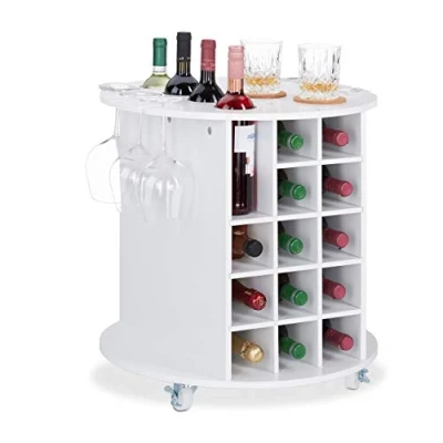 Image of Relaxdays Wine Shelf with 360 Casters, 6 Glass Holders, Storage for 17 Bottles, Round, HxD: 56x54cm,White