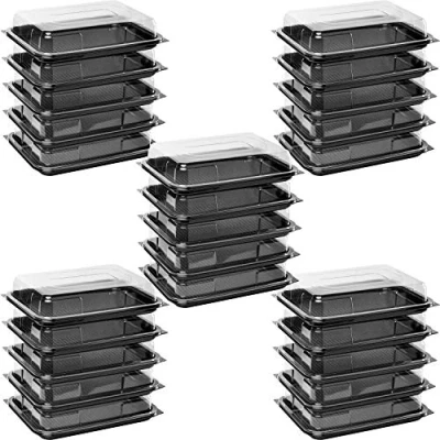 Image of Deli Supplies Pack of 25 Small Rectangle Food, Cake, Sandwich Platter Tray Set, Black Base with Clear Lid Durable Buffet Catering Food Trays (L340mm X W250mm D70mm Lids)