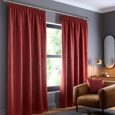 Image of Fusion Terracotta Curtains W90 x L90 (229 229cm) 100% Cotton 2x Panels Pencil Pleat in Red Thermal &amp; Soundproof for Bedroom Blood Orange Pleated Drapes