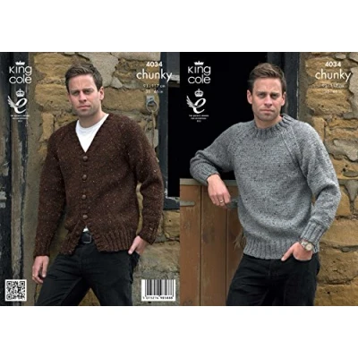 Image of King Cole 4034 Knitting Pattern Mens Sweater and Cardigan in Chunky Tweed