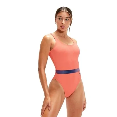 Image of Speedo Belted Deep U Back Swimsuit Orange/Purple Size 38