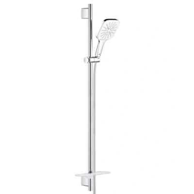 Image of GROHE Rainshower 130 Smartactive Shower Rail Set Water Saving 3 Spray 130mm Hand with 900mm Rail, 1750mm Silverflex Hose Chrome Finish and White Plate Made in Germany 26587LS0