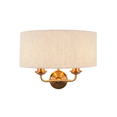 Image of Highclere Wall Lamp with Shade Vintage Brass, Natural Linen, 2x E14