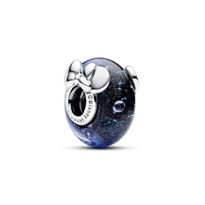 Image of Pandora Disney Mickey and Minnie sterling silver charm with dichroic dark blue Murano glass clear cubic zirconia