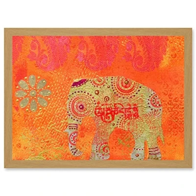 Image of Wee Blue Coo DT Indian Collage Elephant Patterned Artwork Framed Wall Art Print A4