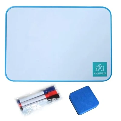 Image of AMANALIS Double Sided Magnetic Whiteboard A4 Dry Eraser Thin Small White Board for Kitchen, School, Office Wipe Memo Notice Boards with 3Pcs Markers Erasable and Eraser, Drawing Writing Kids