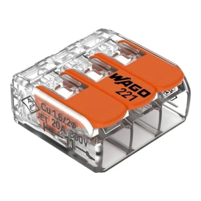 Image of WAGO Compact Splicing Connector, for all conductor types, max. 4 mm², 3 with levers, transparent housing, Surrounding air temperature, max 85C (T85), 4,00 transparent, 221 413 (50 pcs)