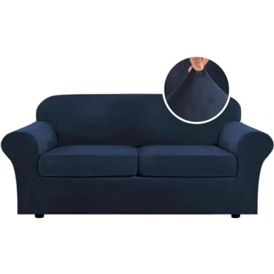 Image of LINGKY Velvet Sofa Cover 2 Seater With Separate Seat Cushion Covers, Stretch Couch Non Slip Slipcovers for Living Room Furniture Protector (Navy,Large Seater)