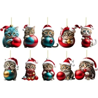 Image of FOLODA Set Of 10 Christmas Tree Cat Pendant 2D Hanging Decoration Funny Ornament