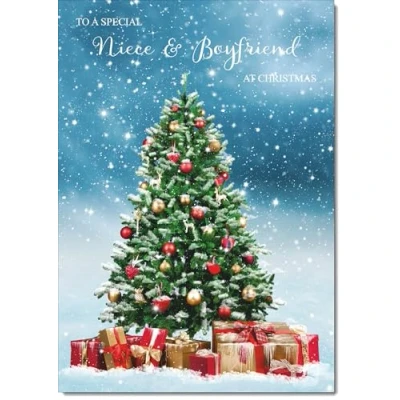 Image of doodlecards Niece and Boyfriend Christmas Card Tree Parcels Medium Size for &amp; with Plain Envelope