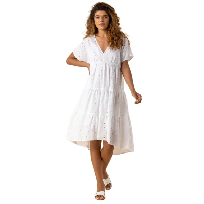 Image of Roman Originals Women Broderie Tiered Smock Dress Ladies Spring Holiday Summer Casual V Neckline Short Sleeve Relaxed Lined Comfy Dresses Ivory Size 8