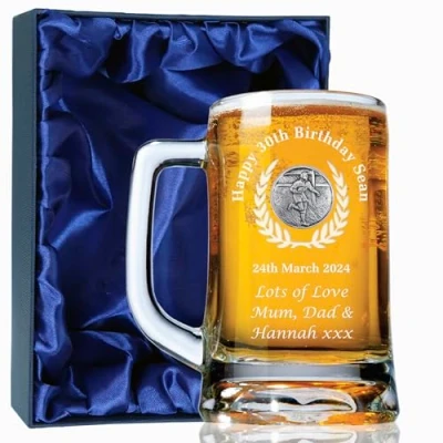 Image of The Great Gifts Company Men&#039;s 30th Birthday Engraved Rugby Pint Glass Tankard in Satin Box