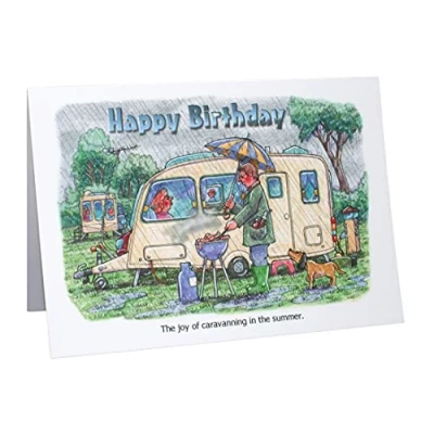 Image of Happy Birthday Caravan Caravanning Humour Cartoon A5 Funny Blank Greeting Card by Armand Foster
