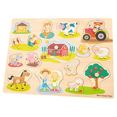 Image of New Classic Toys 10440 Peg Puzzle Farm Educational Wooden for 2 Year Old Boy and Girl Toddlers, Multi Color 16 pieces 100% FSC Certified