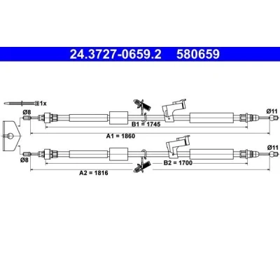 Image of 1319486, 1323904, 1355127, 1416442, 1490515 Brake Cable ATE 24.3727 0659.2 1860, 1816mm FORD: Focus 2, C Max, 2 Kombi