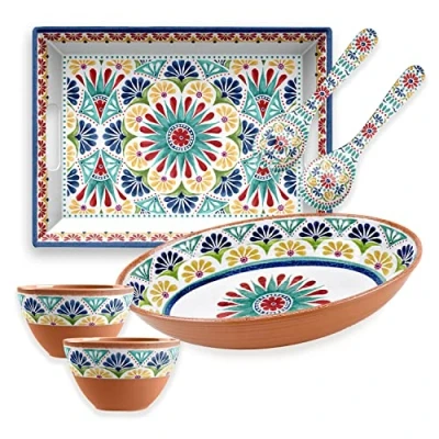 Image of Purely Home Rio Medallion Melamine/Plastic Outdoor/BBQ/Picnic Oval Bowl, Rectangular Tray, Salad Servers &amp; 2 x Dipping Bowls Set