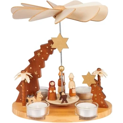 Image of BRUBAKER Wooden Christmas Pyramid Star of Bethlehem, Jesus, Mary, Joseph and Shepherd 8.7 inches (22 cm) Tealight Table for 4 Tealights Hand Painted