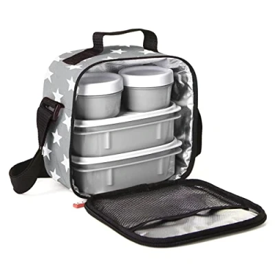 Image of Tatay Urban Food Casual Insulated Lunch Bag, 3L Capacity, 4 Plastic Storage Containers (2 x 0.5 L, 2 0.2 L) BPA Free, Grey with Stars. Measure 22.5 10 22 cm