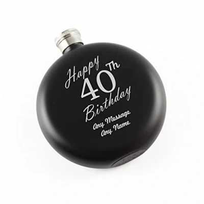 Image of Personalised Engraved 5oz Round Black Painted Stainless Steel Pocket Hip Flask, Happy 40th Birthday Design, Gift for Him, Gift, Laser in The UK