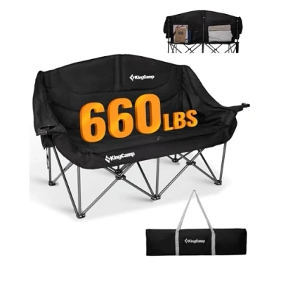 Image of KingCamp Larger Double Camping Chair for Adults, Padded Garden Chairs 2 Seater with Armrest &amp; Cup Holder, Folding Oversized Sofa Up to 660 lbs, Outdoor Beach Picnic, Black