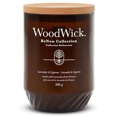 Image of WoodWick Renew Scented Candle with Crackling Wick Lavender and Cypress Large Plant Based Soy Coconut Wax Blend Made Recycled Materials