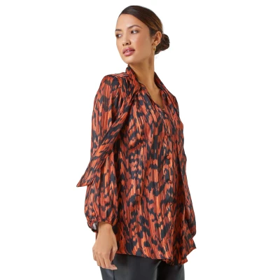 Image of Roman Animal Print Tie Neck Chiffon Top for Women UK Ladies Spring Everyday Summer Holiday V Neckline Comfy Long Sleeve Soft Button Through Shirt Night Out Blouses Rust Size 10