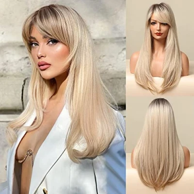 Image of Honygebia Long Blonde Wig with Fringe Dark Root Ombre Wigs for Women, Striaght Wavy Synthetic Heat Resistant Hair, Natural Cute Halloween/Fancy Dress/Cosplay/Party
