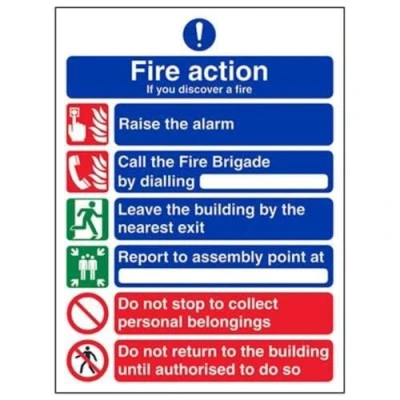 Image of VSafety General Fire Action 6 Message Sign Portrait 200mm x 300mm 2mm Rigid Plastic