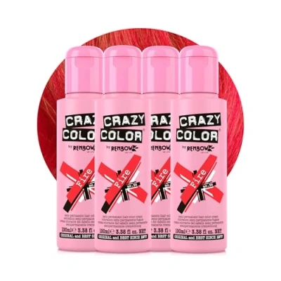 Image of Crazy Color Vibrant Fire Semi Permanent 4 Pack Quad Hair Dye. Highly Pigmented Pillarbox Red Conditioning &amp; Oil Nourishing Vegan Formula No Bleach or Ammonia 400ml