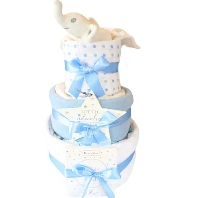 Image of Gift for New Baby Boy Born Nappy cakes Blue Elephant Safari Themed Parent hamper set