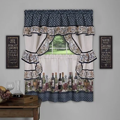 Image of Achim Home Furnishings Chateau Window Curtain Cottage Set, 57 inch X 36 inch, Navy,