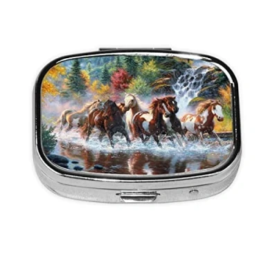 Image of Mini Square Pill Box, Medicine Organiser, Horses Portable First Aid Travelling Box with 2 Compartments, Small for Pocket Or Purse