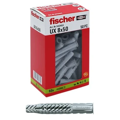Image of fischer 50 dowels UX, 8 x mm, for Wall, Perforated Brick, plasterboard, 542453, Grey, Set of Pieces