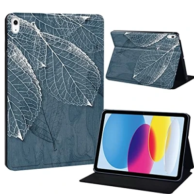 Image of Printed Tablet Case for iPad 10th Generation 2022 10.9 Inch, Slim Hard Back Gen Cover Protective Smart Stand 10 10.9&quot; (grey leaf)