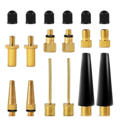 Image of bike Valve Adapter Kit (Pack of 10 Valves + 6 Caps 2 Ball Pump Needle) Presta Valve, Dunlop Schrader adapters Sports Inflation Needle by Mobi Lock