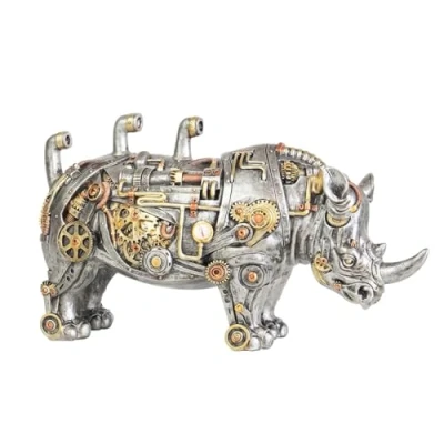 Image of Darthome Ltd Steampunk Rhino Ornament Industrial Silver Gold Rhinoceros Resin Gothic Sculpture 32cm