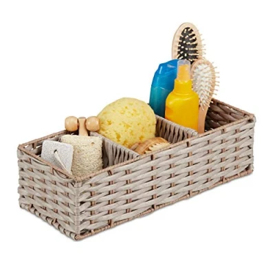 Image of Relaxdays Storage Basket, 3 Compartments, Wicker Design, Bathroom Organiser, Plastic Box, 11 x 36.5 15.5 cm, Brown