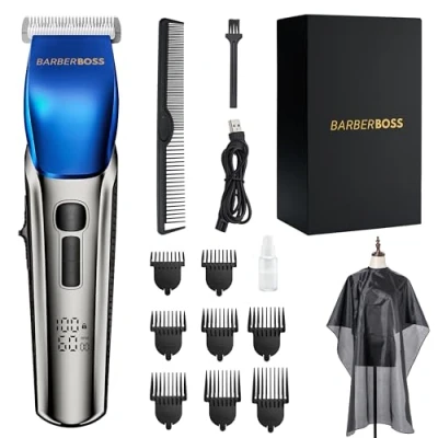 Image of BarberBoss Hair Clippers Men, Beard Trimmer 4 Speed Settings, Ceramic Blade, 8 Comb Attachments, LED Display, USB Charge, Waterproof, Grooming Kit, QR 2083