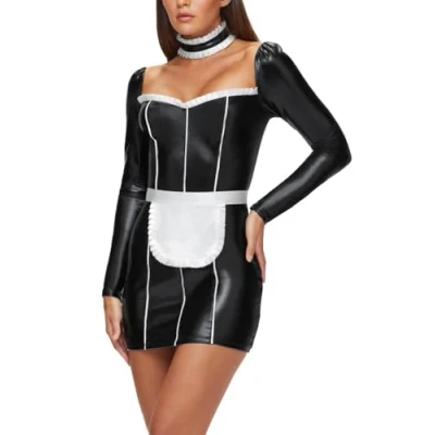 Image of Ann Summers Madame Maid Women&#039;s Sexy Outfit, Adult Halloween Costume, Role Play Fancy Dress Leather Look Bodycon Black