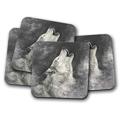 Image of 4 Set Howling Wolf Coaster Wolves Dog White Grey Husky Fun #15284