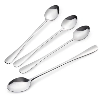Image of ASAB Pack of 4 Latte Spoons Stainless Steel Long Handle 19.5cm Silverware Cocktail Mixing Bar Ideal for Coffee Espresso Hot Chocolate Drinks Dessert Ice Cream Sundaes (Sliver)