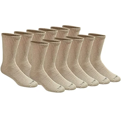 Image of Dickies Men&#039;s Dri tech Moisture Control Crew Socks Multipack, Essential Worker Khaki (12 Pairs), Shoe Size: 12 15