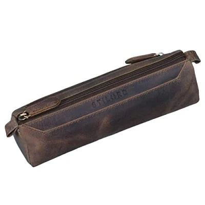 Image of &#039;Jim&#039; Leather Pencil Case Vintage Large 2 Compartment Round Pen Holder for Men and Women Genuine Pouch Stationary Organizer, Colour:Dark Brown