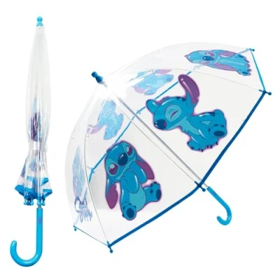 Image of Disney Clear Dome Umbrella for Girls Folding Transparent Lightweight School Days Out (Blue Stitch)