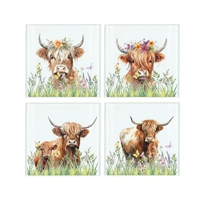 Image of Highland Cow Coaster Set Square Glass Animal Floral Design of Four (4) Coasters