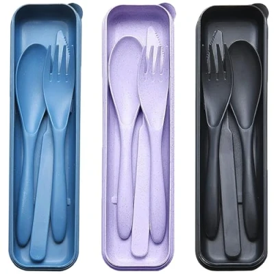 Image of Portable Cutlery Set with Case, 3 Sets Reusable Plastic Knife Fork Spoon Tableware Set, Travel Utensils for Camping Picnic Office School or Daily Use