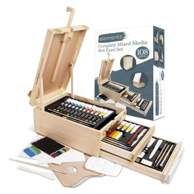 Image of Elements All Media Table Top Easel for Art 108 Piece Complete Box Acrylic, Oil, Painting, Drawing Sketching, 3 Drawer Wooden Set Artists