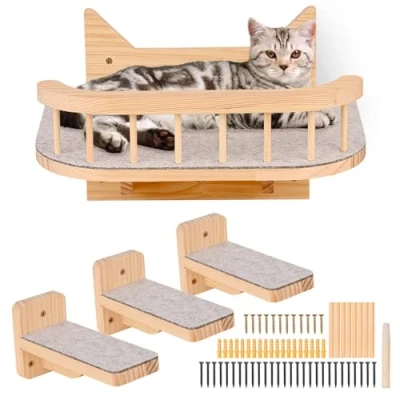 Image of Wall Mounted Cat Hammock Shelves with 3 Steps,Cat and Perches for Wall, Furniture Plush Covered,Cat Climbing Shelf, Scratching Post Sleeping Playing